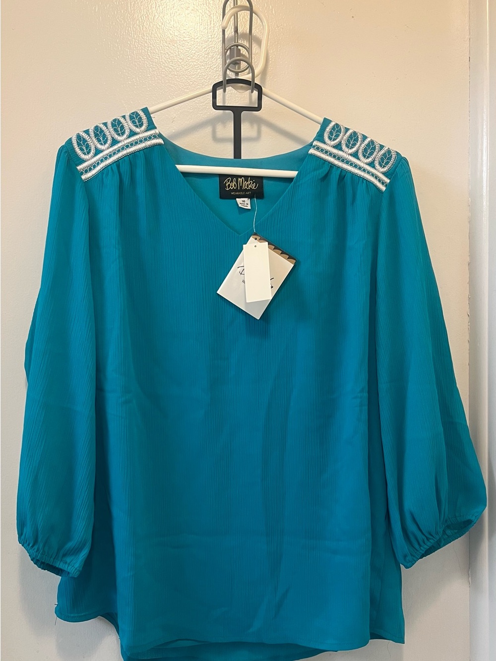 Bob Mackie Teal V-Neck Blouse with Embroidered Shoulders